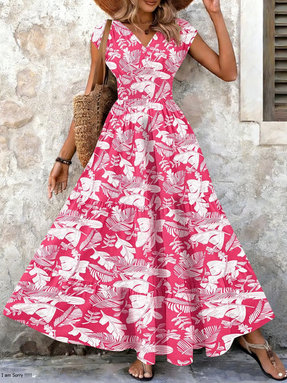 2026 Vintage Floral Print Dress Elegant V-Neck Short Sleeve Long Women's Fashion Retro Gown