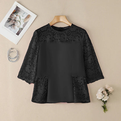 ZANZEA Women's Lace Patchwork Blouses 2026 Summer O-Neck 3/4 Sleeve Solid Color Blusas Casual and Day Elegant Woman Clothes 3XL