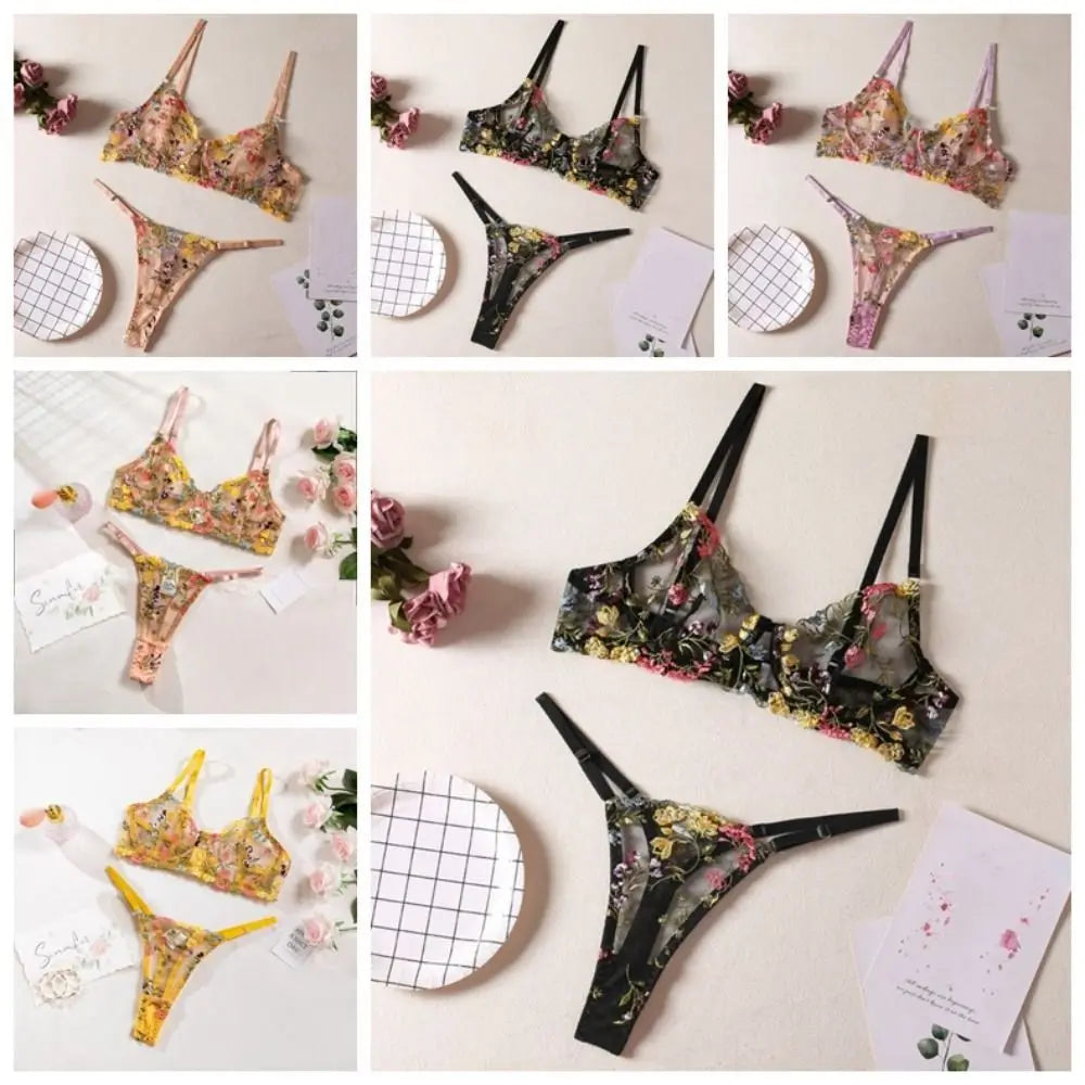 Bohemia Transparent Lingerie Set Push Up Elegant Embroidery Floral Underwear Ultra-thin Bra Suit Girl