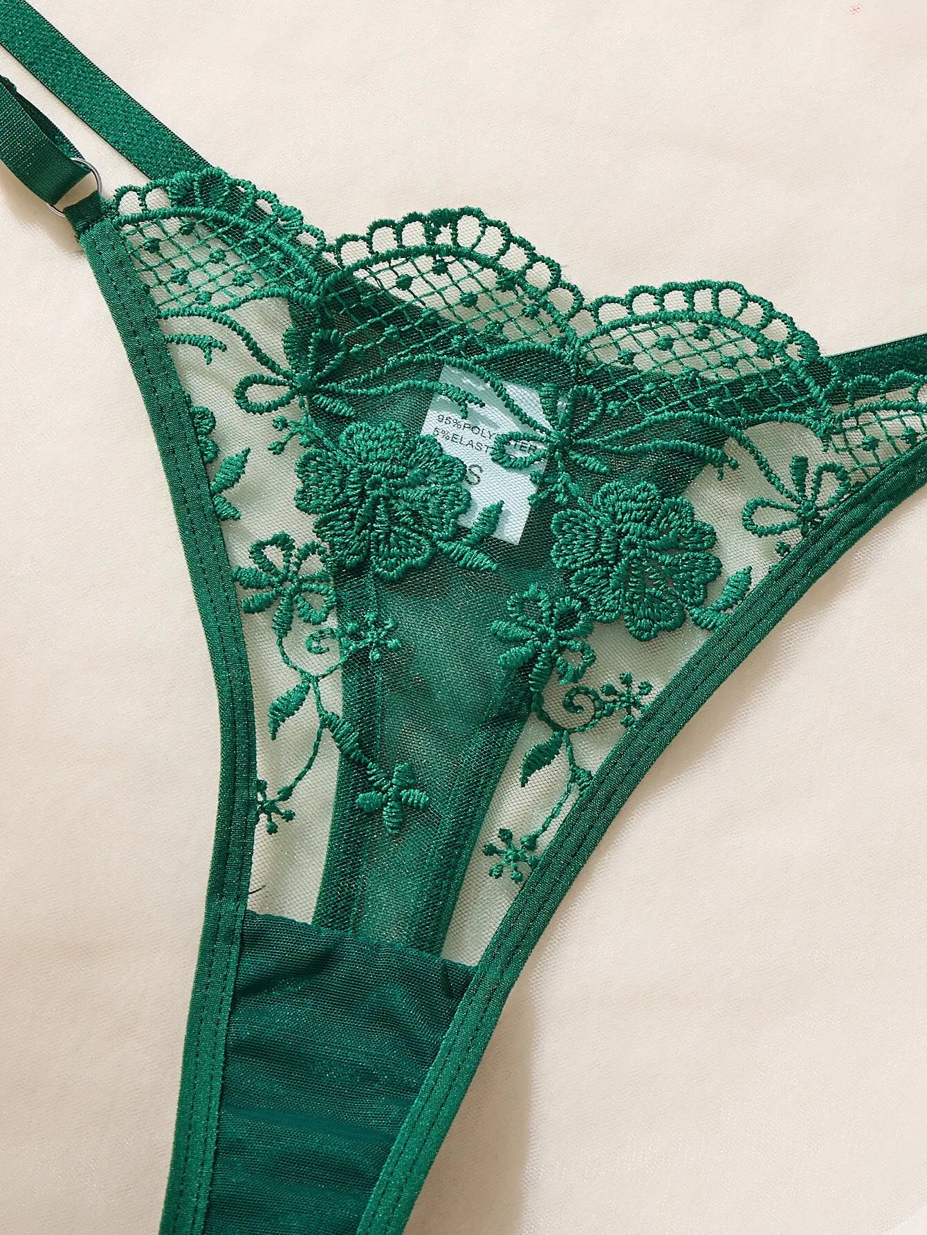 Women Green Floral Lace Lingerie Set Sheer Mesh Underwire Bra & Thong 2‑Piece Intimate Underwear Set S‑XL Sexy Floral Brief Set