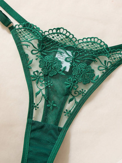 Women Green Floral Lace Lingerie Set Sheer Mesh Underwire Bra & Thong 2‑Piece Intimate Underwear Set S‑XL Sexy Floral Brief Set
