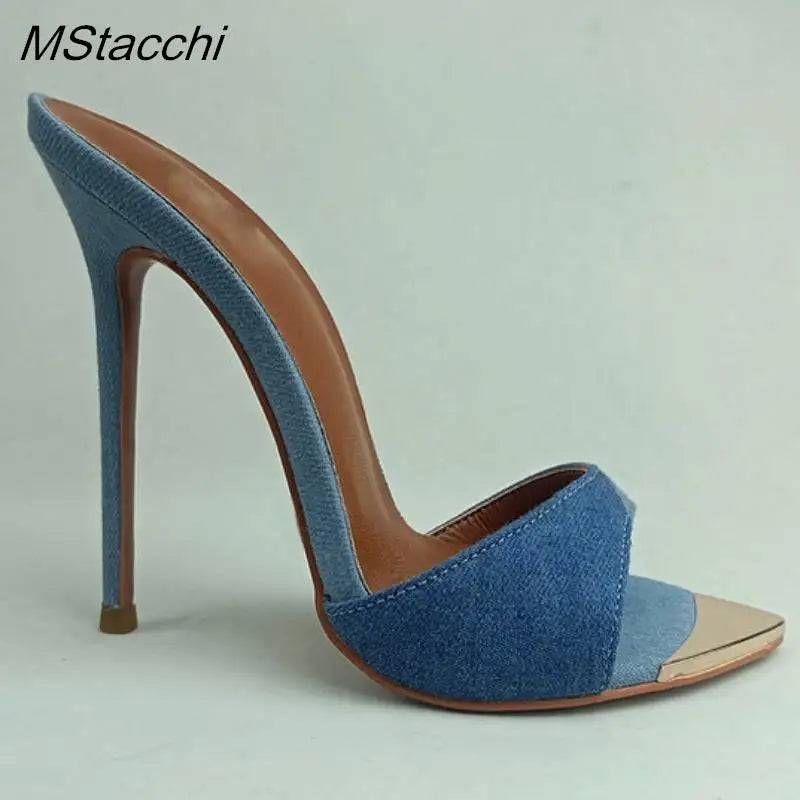 Denim Women Slippers Metal Decoration Pointed Toe Mules Shoes Women Super-high Heel Gladiator Sandals Sexy Luxury Women's Shoes