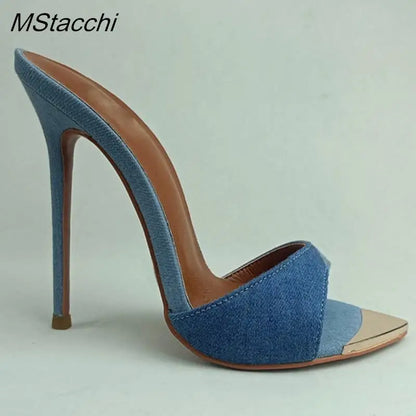 Denim Women Slippers Metal Decoration Pointed Toe Mules Shoes Women Super-high Heel Gladiator Sandals Sexy Luxury Women's Shoes