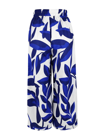 Autumn Winter Women Elegant Leaf Print Wide Leg Pants High Waist Loose Casual Trousers Vintage Palazzo Pants Streetwear Female