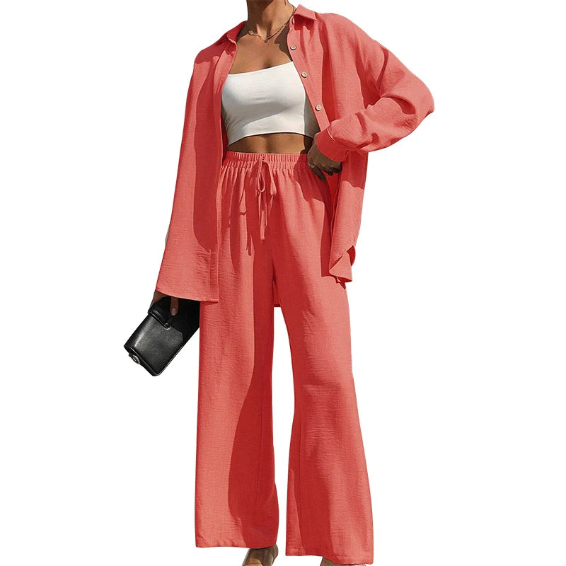 Women's Solid Button Front Shirt & Tie Front Wide Leg Pants Two-piece Set, Casual Drop Shoulder Long Sleeve Blouse Top & Trouser