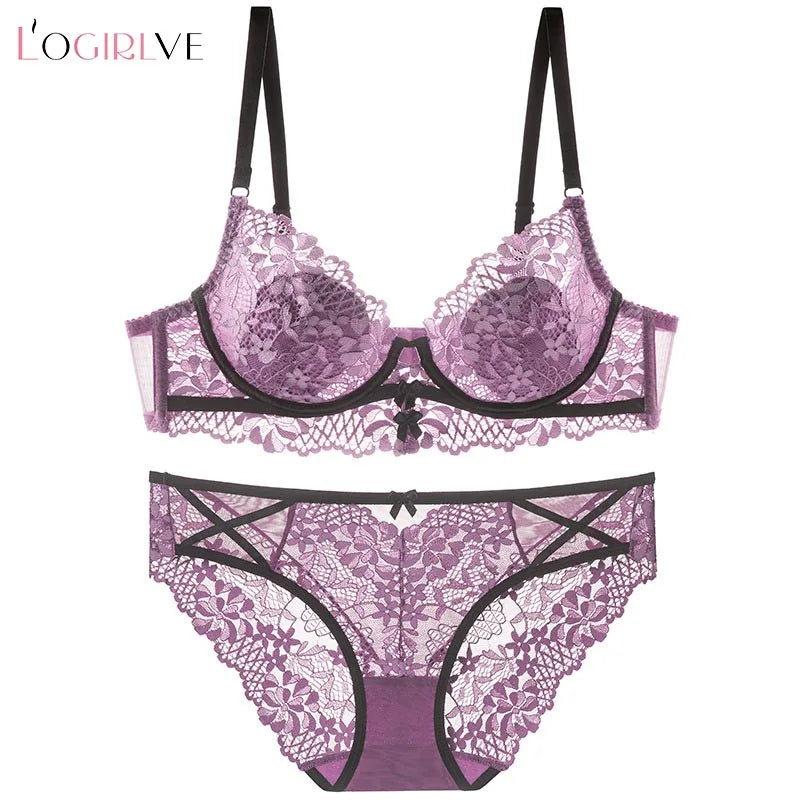New Women Lingerie Set Sexy Lace Push Up Bra French 3/4 Thin Cup Bralette Cute Bow Decoration Underwear Comfort Bras Briefs Sets