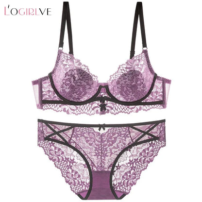 New Women Lingerie Set Sexy Lace Push Up Bra French 3/4 Thin Cup Bralette Cute Bow Decoration Underwear Comfort Bras Briefs Sets
