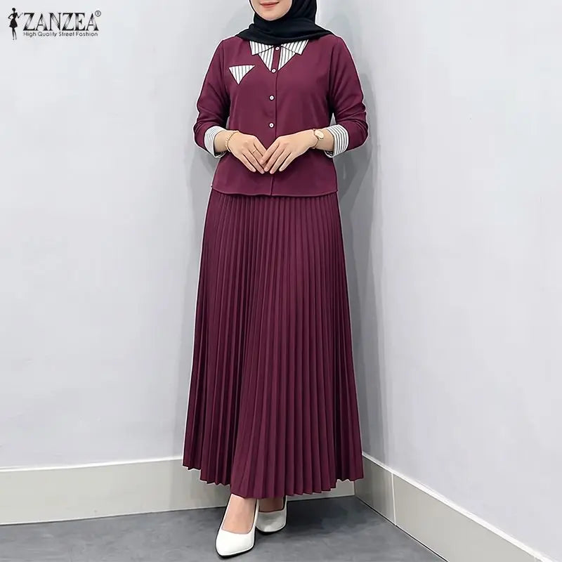 Autumn Outfits ZANZEA Muslim Modest 2 Pieces Sets Elegant Women Striped Patchwork Long Sleeve Shirt With Pleated Maxi Skirt 2026