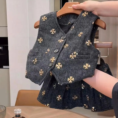 Kids Girls Elegant 2-Piece Set Dark Gray V-Neck Vest with Gold Sequin Flower Embroidery + Matching Skirt Fall/spring Outfit Girl