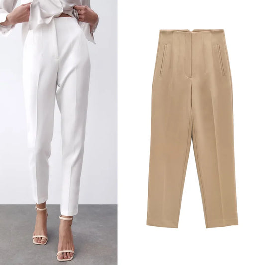 Hot Sale Women Summer Thin Casual Cropped Pants Stretchy Temperament Pleated Slimming Capris Ankle Length High Waisted Trousers
