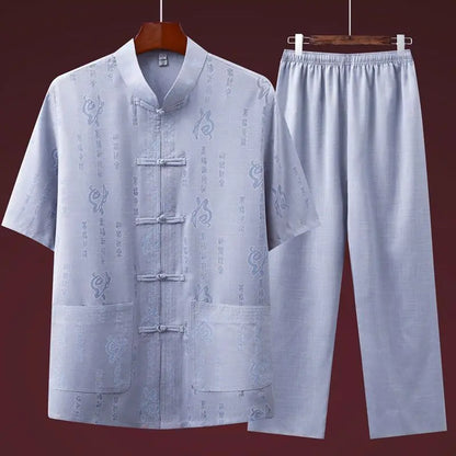 Men's Red Two-piece Summer Set: A Short Jacquard Shirt in Chinese Style Paired with Elastic-waist Pants. White, Gray, Beige-Blue
