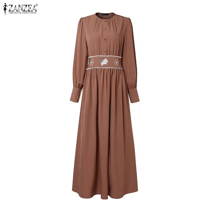 Ramadan Abaya ZANZEA Autumn Embroidered Dresses Muslim Robe Eid Dress IsIamic Clothing Women Long Sleeve Buttons Sundress Kaftan