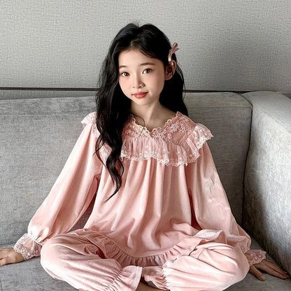 Girls' Velvet Pajamas 6-12 Years Sweetheart Lace Trim Sleepwear for Spring Autumn Warm Cotton Lining Children's Nightwear