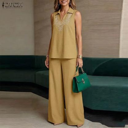 ZANZEA Fashion Summer 2 Pieces Sets Outfits Sleeveless Tanks Tops Pants Sets Women Floral Embroidered Blouse Trousers Suit 2026