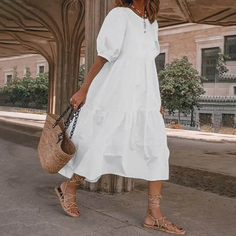 Summer New Solid Color Short Sleeved Loose For Women's Dresses Fashion Casual Patchwork Retro Beach Holiday Maxi Female Sundress