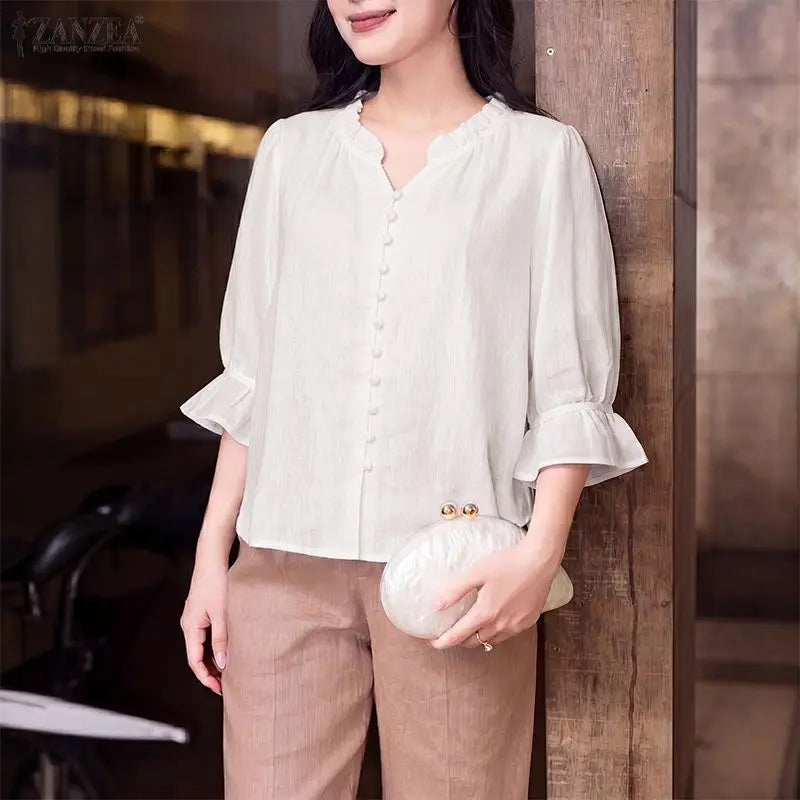 ZANZEA 2026 Women Cotton Linen Breathable Blouses Ruffled Trim V-Neck 3/4 Sleeve Thin Tops Summer Casual Solid Color Blusa Mujer