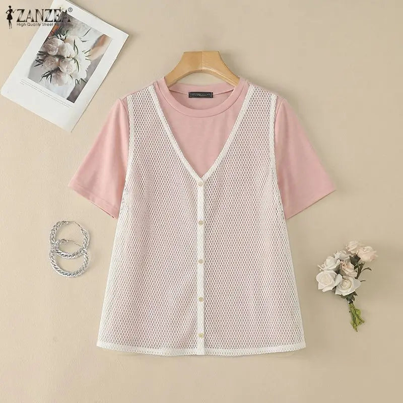 ZANZEA Summer Women Blouses Hollow Out Mesh Patchwork Tops Tee Short Sleeve Blusas Streetwear Party Fashion Tunic Oversize