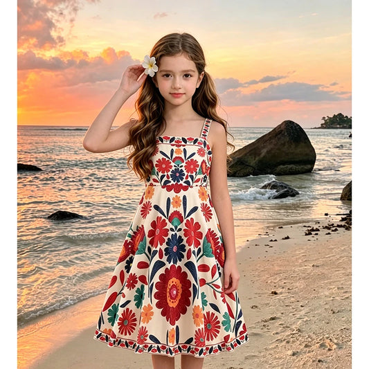 Girls 8-12 Vibrant Floral Dress, Front Spaghetti Straps Square Neck A-Line Skirt/Back Smocked Waist, Casual Kids Dress