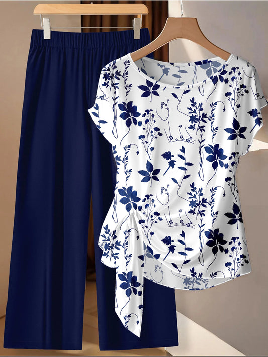 Summer Comfortable and Casual Women's Plus Size White Plant Pattern Twisted Top, Navy Blue Wide Leg Pants Set, Two-Piece Set