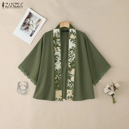 ZANZEA Vintage Floral Print Patchwork Kimonos Elegant V-Neck Lace Trim Half Sleeves Cardigan Tops 2026 Summer Open-Front Shirts