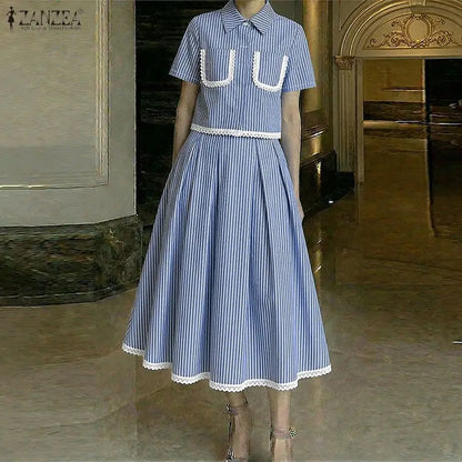 ZANZEA Women's Lace Trim Striped Skirt Suits Short Sleeve Crop Shirt & A-Line Midi Skirt 2 Pieces Sets Fashion Skirt Sets Outfit