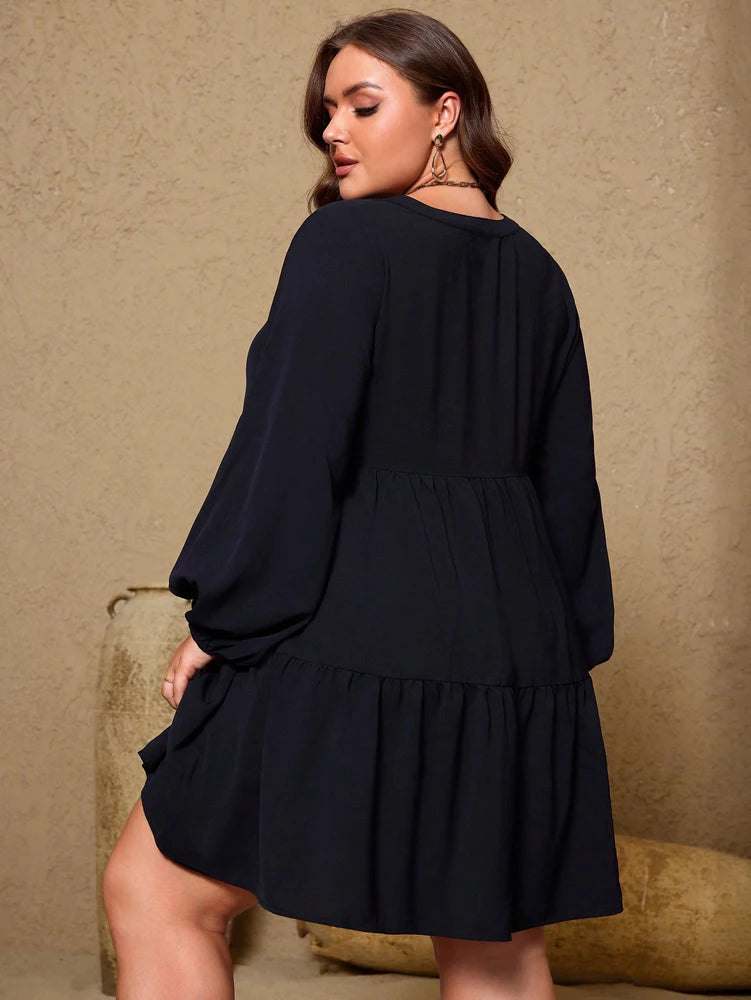 Plus Size Women Black Tiered Mini Dress Split V Neck Lantern Long Sleeve Loose Casual Tunic Dresses With Pockets Soft Flowy Plus