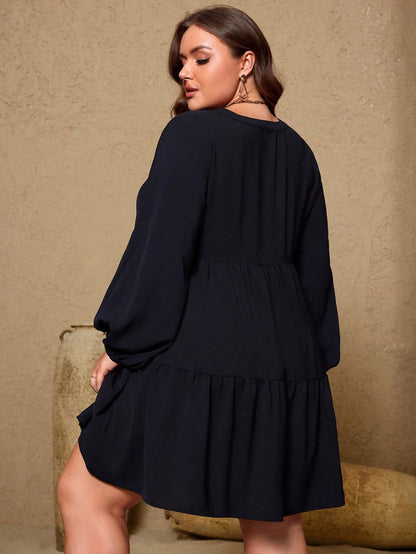 Plus Size Women Black Tiered Mini Dress Split V Neck Lantern Long Sleeve Loose Casual Tunic Dresses With Pockets Soft Flowy Plus