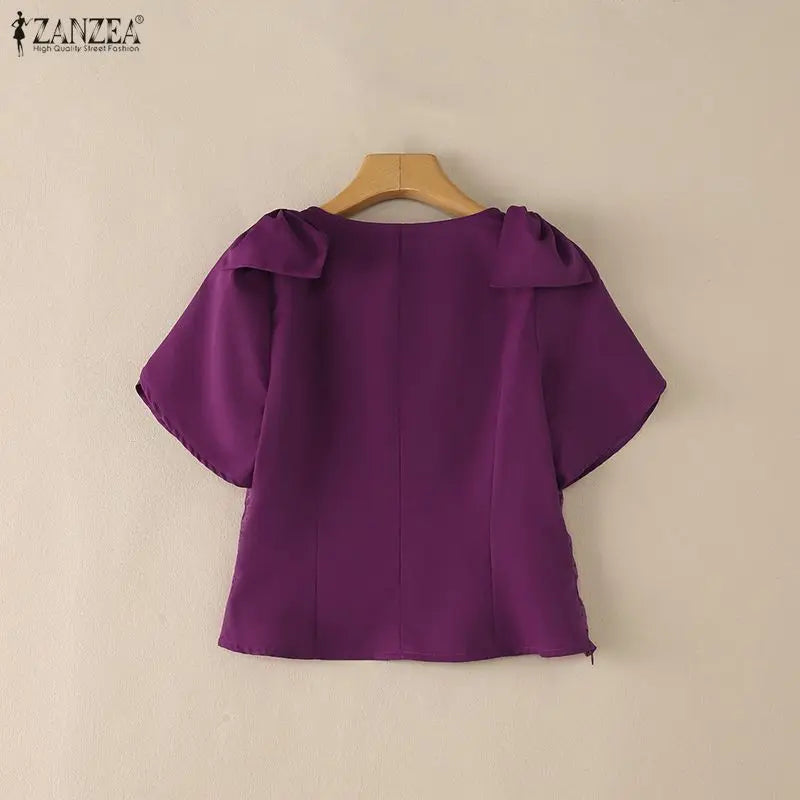 ZANZEA Woman Elegant Floral Jacquard Blouses Square Neck Petal Sleeves Bow Details Short Tops Summer Feminine Blusas de Mujer