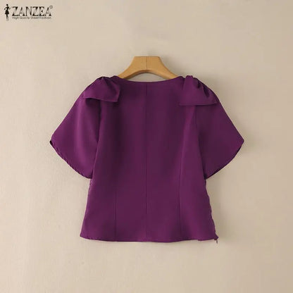 ZANZEA Woman Elegant Floral Jacquard Blouses Square Neck Petal Sleeves Bow Details Short Tops Summer Feminine Blusas de Mujer