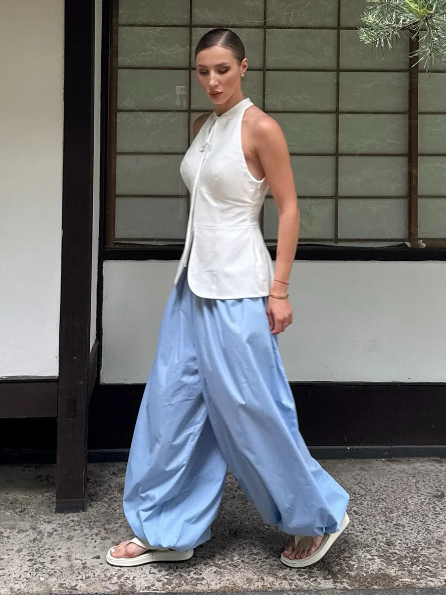 2026 Autumn Womens 100% Cotton Loose Lantern Style Wide Leg Pants Street Style Casual Lazy Pants Fashion Trousers Black