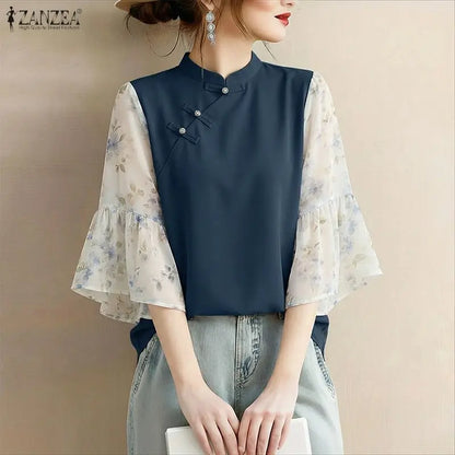 ZANZEA Woman Elegant Blouses Vintage Mandarin Collar Floral Printed 3/4 Flare Sleeve Tunic Tops Summer Patchwork Blusas de Mujer