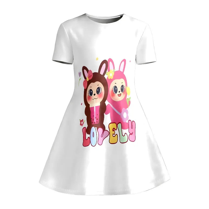Little Girls 3 Styles Cherry Cartoon Rabbit Capybara Print Round Neck Short Sleeve A-Line Kids Summer Flared Swing Dress