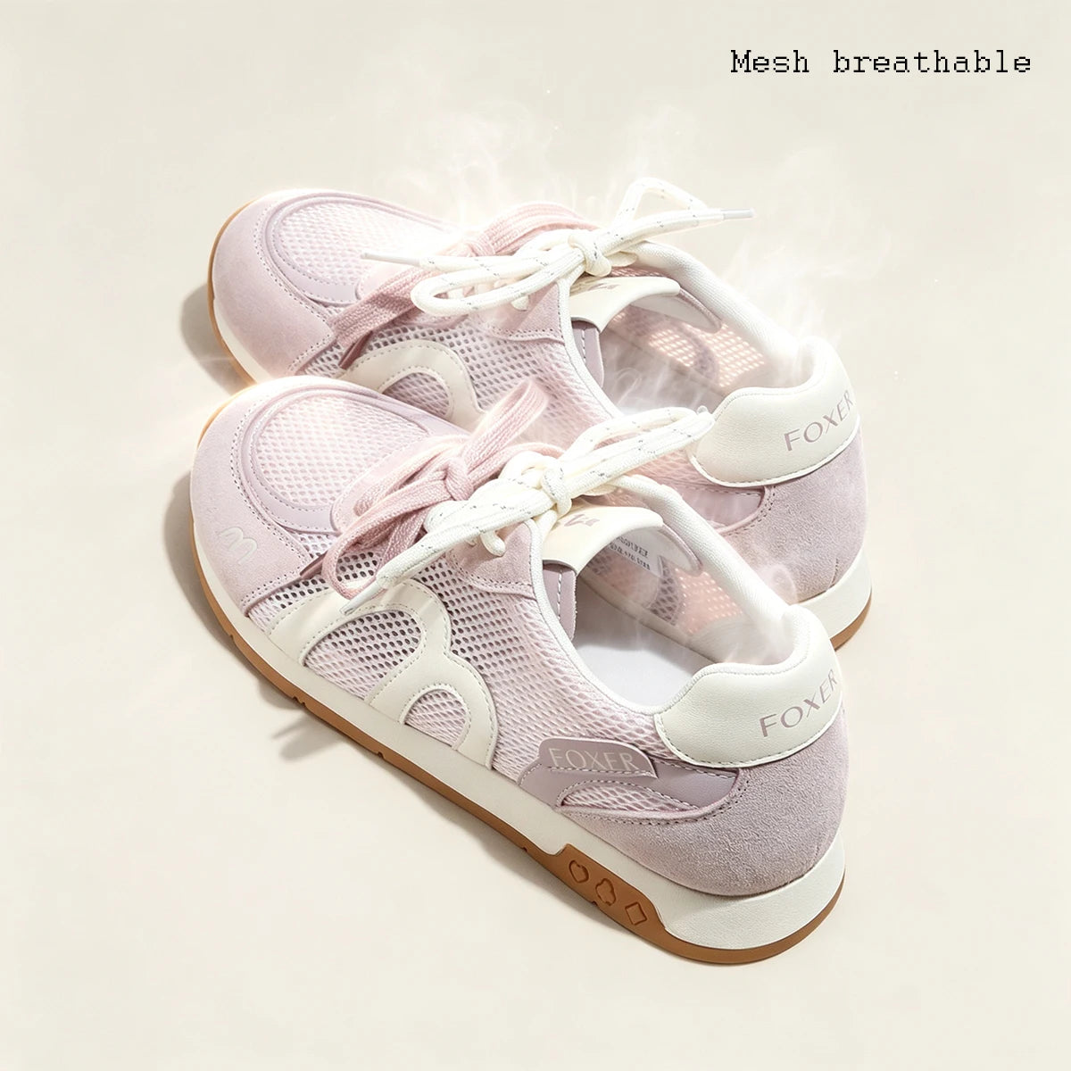 FOXER Retro Mesh Sneakers for Women Pig Split Leather Fashion Ladies Casual Running Shoes Daily Non Slip Walking Footwear