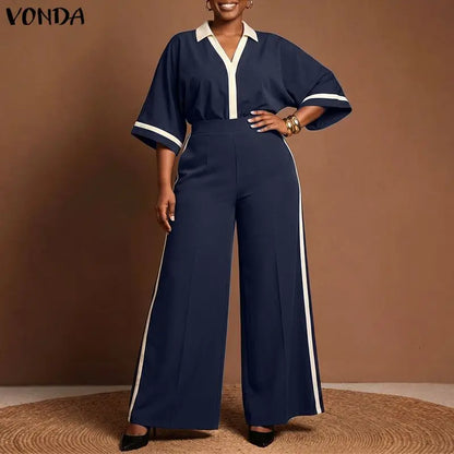 VONDA Summer Autumn Women Pants Sets Fashion Patchwork Plus Size Sets Female 3/4 Sleeve Tops Wide Leg Pant  L-5XL Streetwear