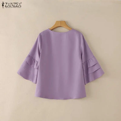 ZANZEA Woman Casual Blouses Elegant V-Neck 3/4 Layered Ruffle Sleeves Solid Color Tops 2026 Summer Everyday Wear Work Blusas