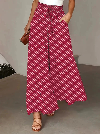 2025 Spring/Summer Bohemian Wide-Leg Pants with Elastic Waist and Polka Dot Print Long Skirt Pants for Women
