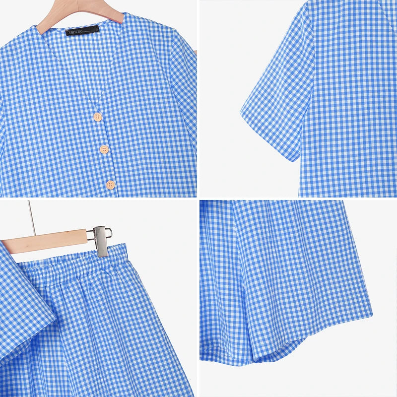 ZANZEA Women's Gingham Patchwork Short Sets Short Sleeve Tops & Elastic Waist Shorts 2 Piece Suits Summer Daily Casual Outfits