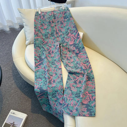 Fashionable Women's Printed Wide-Leg Jeans, New Spring/Fall High-Waisted Denim Trousers, Asian Sizes S–XXXL.