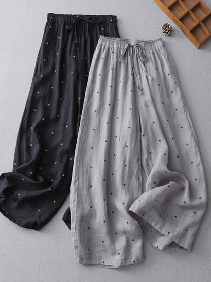 Casual Cotton Linen Pants Women Summer Style Elastic Waist Artistic Polka Dot Print Nine Point Pants Loose Fit Commute Style