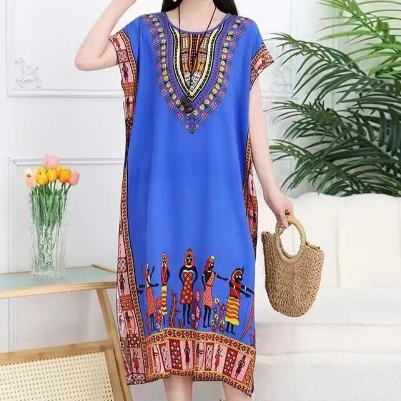 Women Bohemian Ethnic Printed Holiday Dress V-Neck Elastic Waist Casual Batswing Sleeve Mid Dress Elegant Vintage Retro Dress