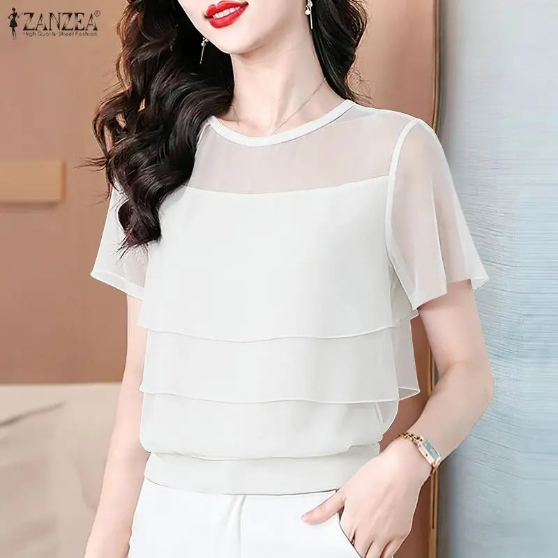ZANZEA Women's Chiffon Sheer Blouses Elegant O-Neck Short Sleeve Layered Design Pullover Tops Classy Solid Color Blusas de Mujer