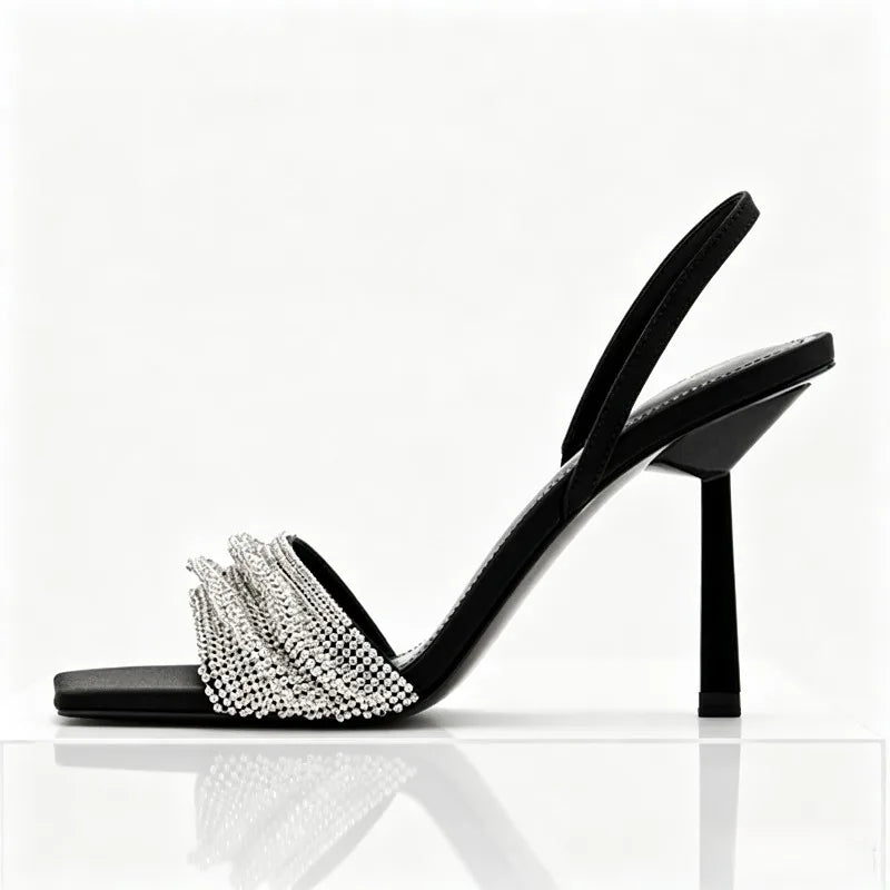 Rhinestone Decorated Slingback Heeled Sandals Women Sexy Square Toe Designer Heels Summer Elegant Party Wedding Shoes for Women