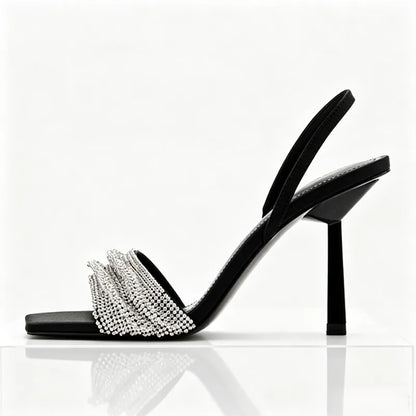 Rhinestone Decorated Slingback Heeled Sandals Women Sexy Square Toe Designer Heels Summer Elegant Party Wedding Shoes for Women