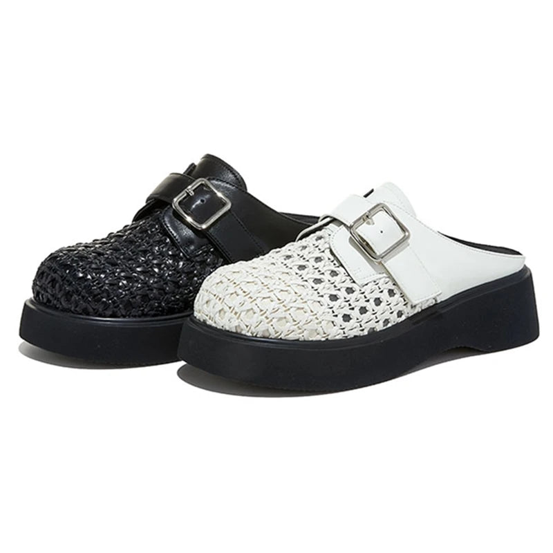 High Quality Leather Mesh Mules Slippers Women Openwork Design Wedge Heeled Sandals for Girls Summer Comfortable Beach Shoes