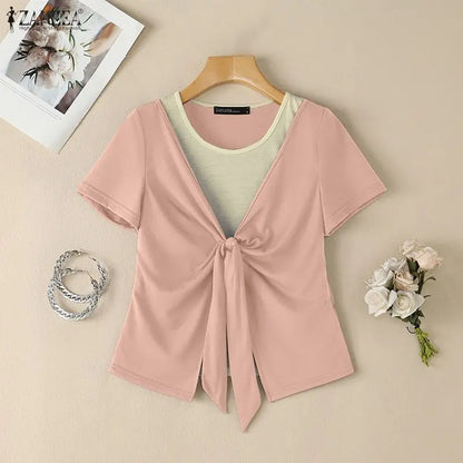 ZANZEA Summer Women Blouse Short Sleeve Fashion Tops Casual O Neck Patchwork Tee Party OL Work Blusas Tunic S-3XL Streetwear
