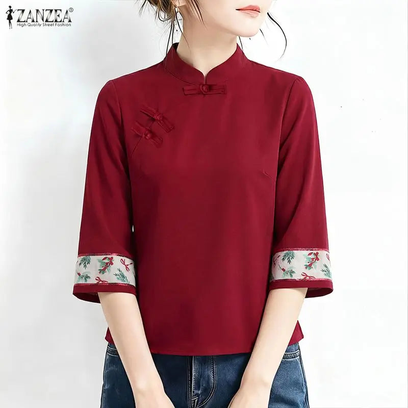 ZANZEA Vintage Blouses for Woman Frog Buttons Mandarin Collar Printing Patchwork 3/4 Sleeves Tops Elegant Retro Blusas de Mujer