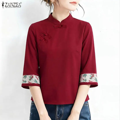 ZANZEA Vintage Blouses for Woman Frog Buttons Mandarin Collar Printing Patchwork 3/4 Sleeves Tops Elegant Retro Blusas de Mujer