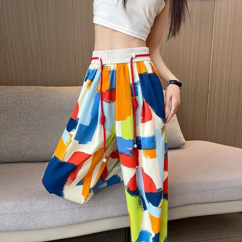 Women Colorful Graffiti Print Wide Leg Pants, Elastic Waist Drawstring Loose Trousers, Summer Casual Streetwear