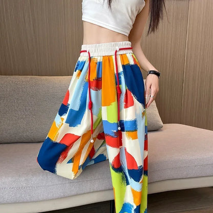 Women Colorful Graffiti Print Wide Leg Pants, Elastic Waist Drawstring Loose Trousers, Summer Casual Streetwear