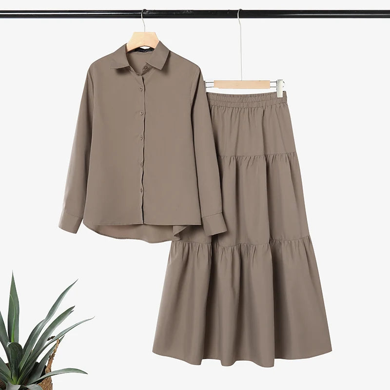 ZANZEA Modest Hijabis Womens Skirt Suits Long Sleeve Shirt & Tiered Long Skirt 2 Pieces Sets Muslim Islamic Daily Casual Outfits